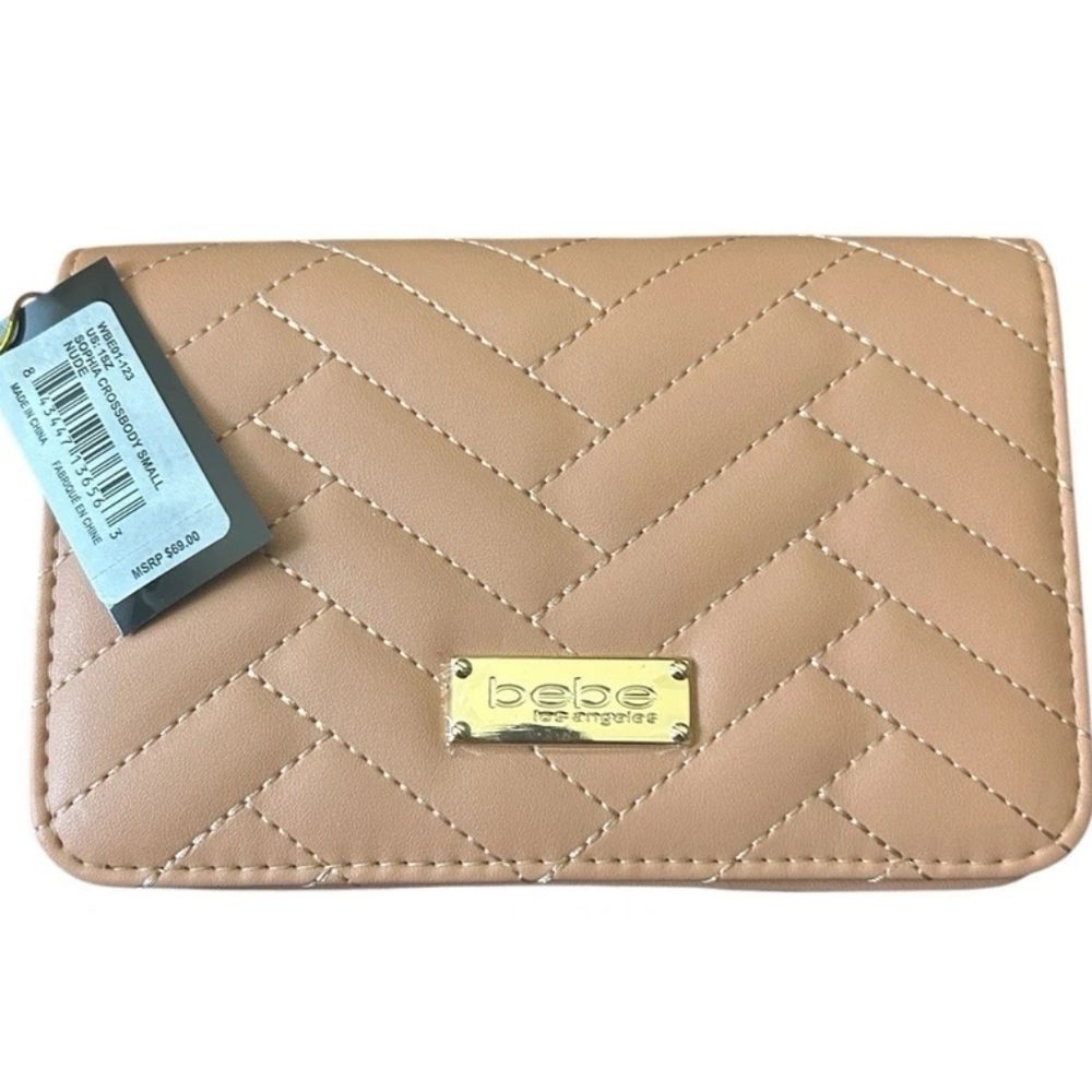 Bebe Sophia Crossbody Bag Small Nude Quilted Faux Leather Gold Chain NWT